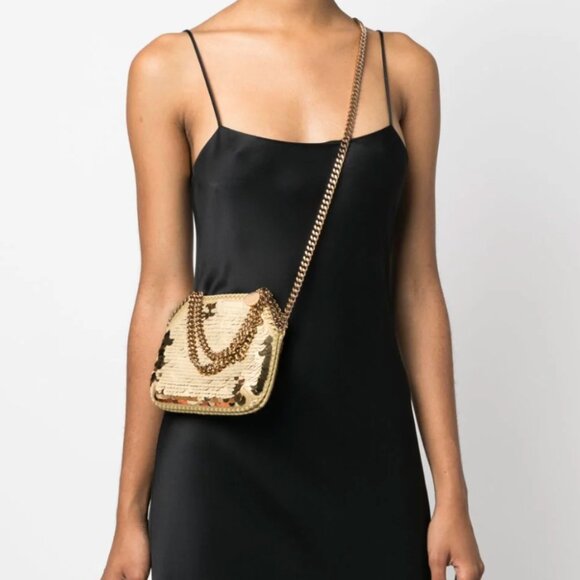 Stella McCartney Mini Falabella Sequin Shoulder Bag Gold - Picture 1 of 7